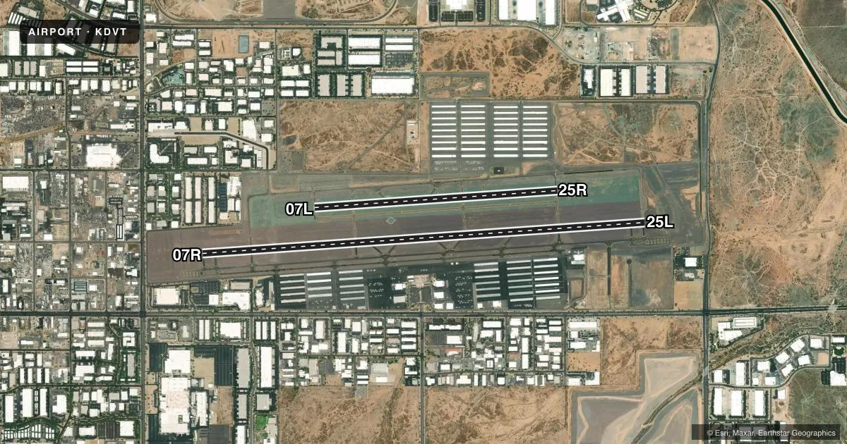 Top-down satellite sketch of KDVT PHOENIX DEER VALLEY in PHOENIX, ARIZONA, showing runways 07R/25L, 07L/25R drawn to scale over Esri World Imagery