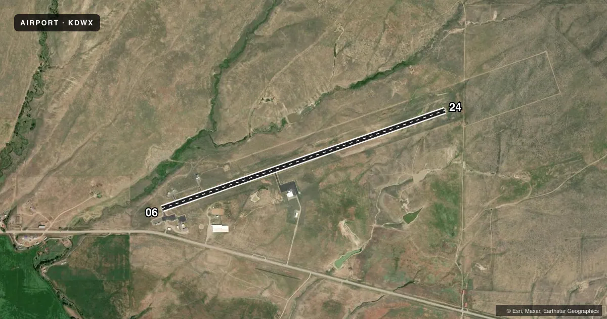 Top-down satellite sketch of KDWX DIXON in DIXON, WYOMING, showing runways 06/24 drawn to scale over Esri World Imagery