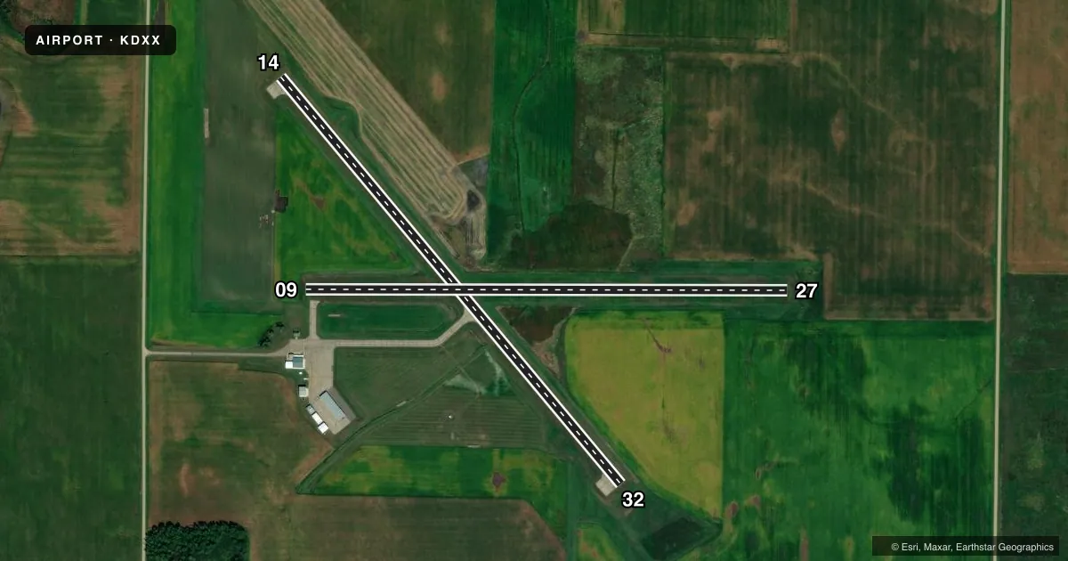 Top-down satellite sketch of KDXX LAC QUI PARLE COUNTY in MADISON, MINNESOTA, showing runways 14/32, 09/27 drawn to scale over Esri World Imagery