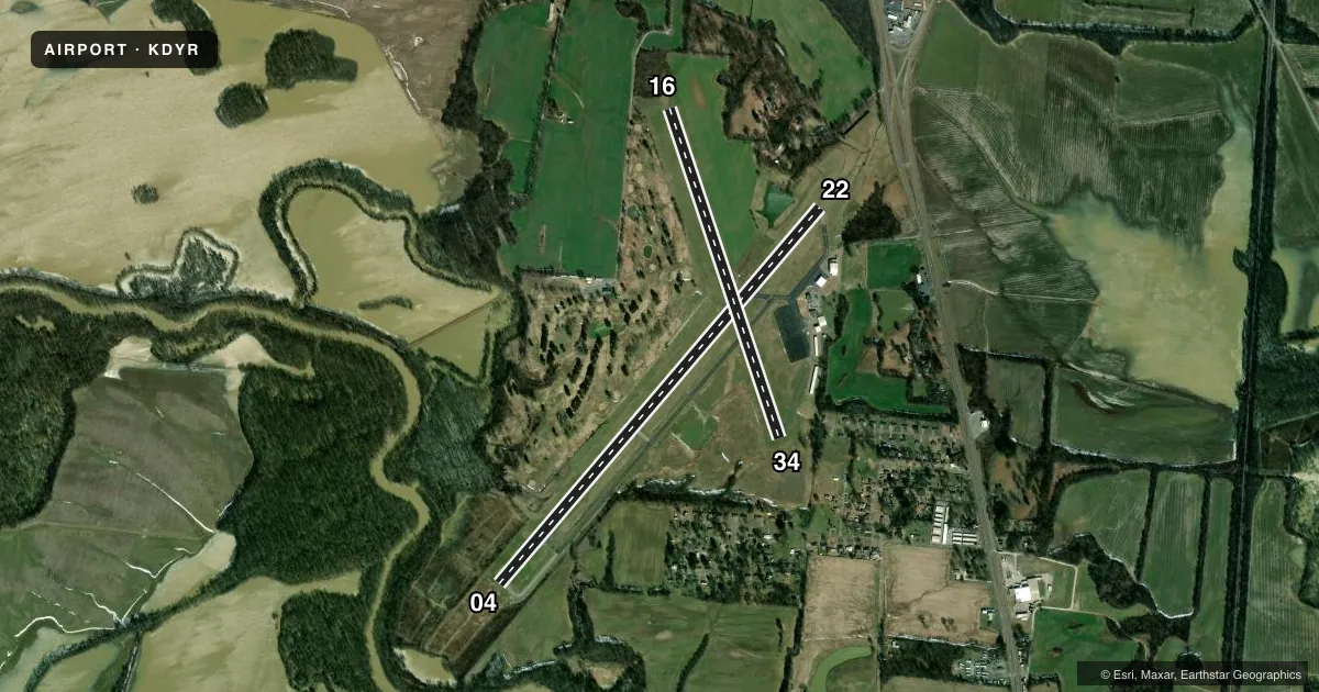Top-down satellite sketch of KDYR DYERSBURG RGNL in DYERSBURG, TENNESSEE, showing runways 04/22, 16/34 drawn to scale over Esri World Imagery