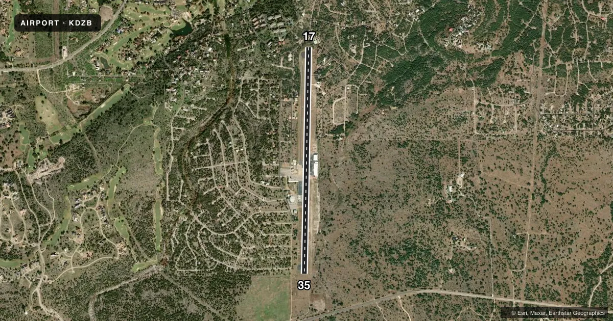 Top-down satellite sketch of KDZB HORSESHOE BAY RESORT in HORSESHOE BAY, TEXAS, showing runways 17/35 drawn to scale over Esri World Imagery