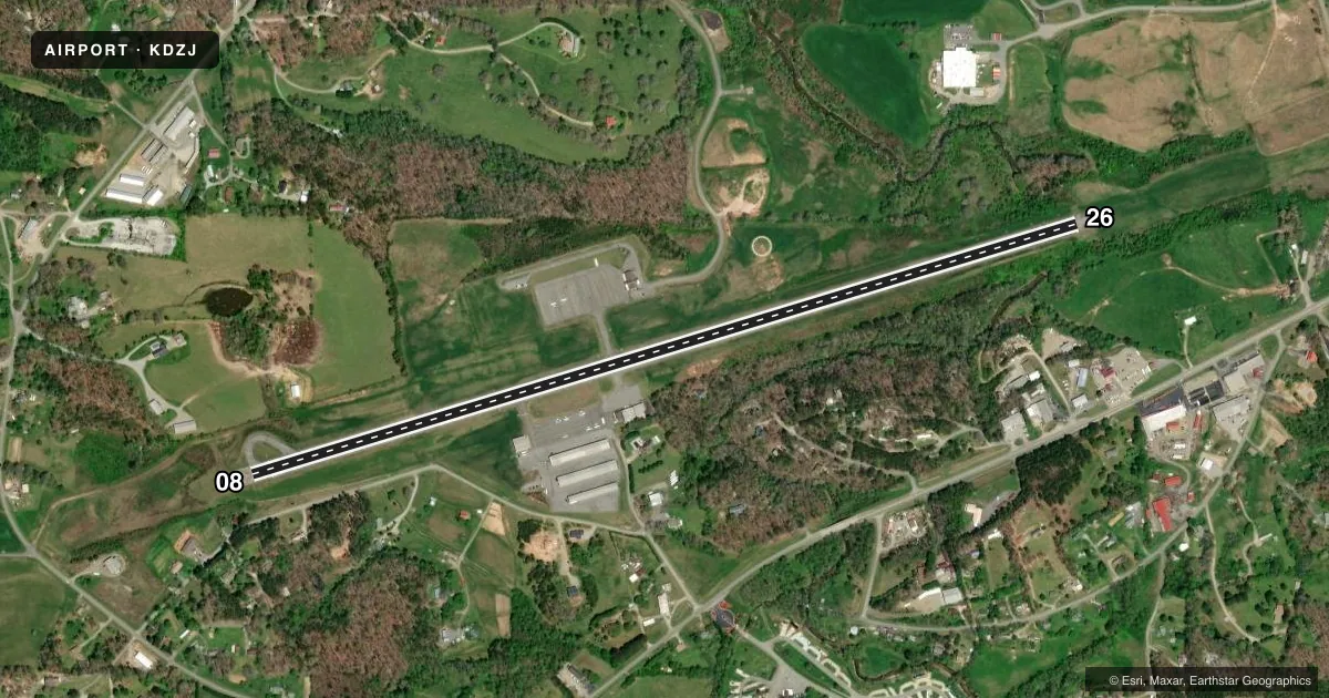 Top-down satellite sketch of KDZJ BLAIRSVILLE in BLAIRSVILLE, GEORGIA, showing runways 08/26 drawn to scale over Esri World Imagery