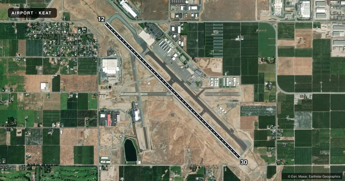 Top-down satellite sketch of KEAT PANGBORN MEML in WENATCHEE, WASHINGTON, showing runways 12/30 drawn to scale over Esri World Imagery