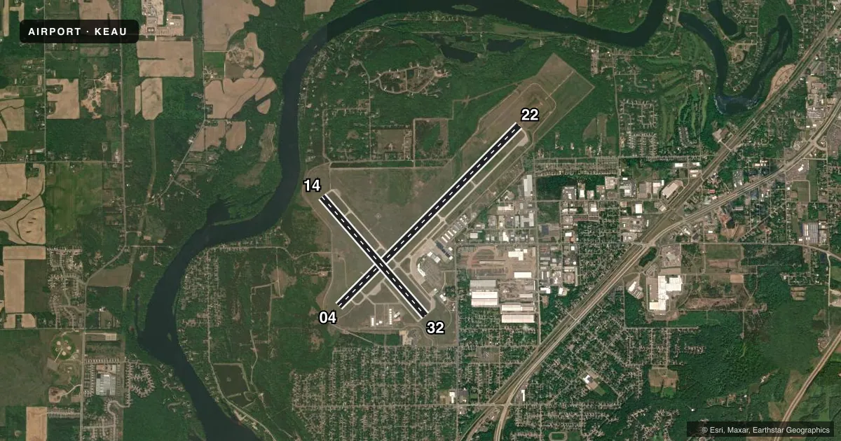 Top-down satellite sketch of KEAU CHIPPEWA VALLEY RGNL in EAU CLAIRE, WISCONSIN, showing runways 04/22, 14/32 drawn to scale over Esri World Imagery