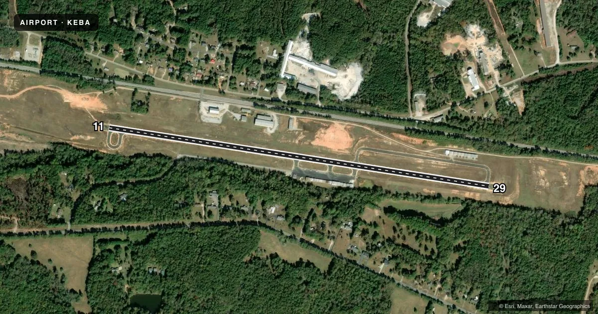 Top-down satellite sketch of KEBA ELBERT COUNTY-PATZ FLD in ELBERTON, GEORGIA, showing runways 11/29 drawn to scale over Esri World Imagery