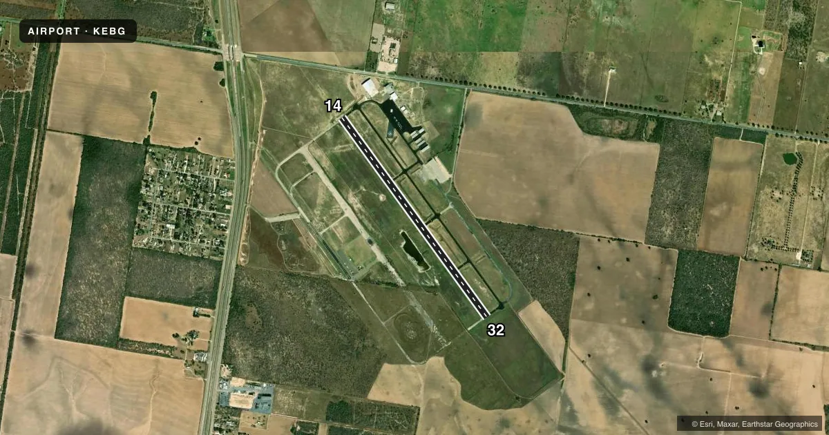 Top-down satellite sketch of KEBG SOUTH TEXAS INTL AT EDINBURG in EDINBURG, TEXAS, showing runways 14/32 drawn to scale over Esri World Imagery