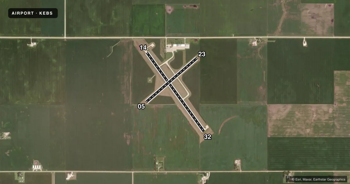 Top-down satellite sketch of KEBS WEBSTER CITY MUNI in WEBSTER CITY, IOWA, showing runways 14/32, 05/23 drawn to scale over Esri World Imagery
