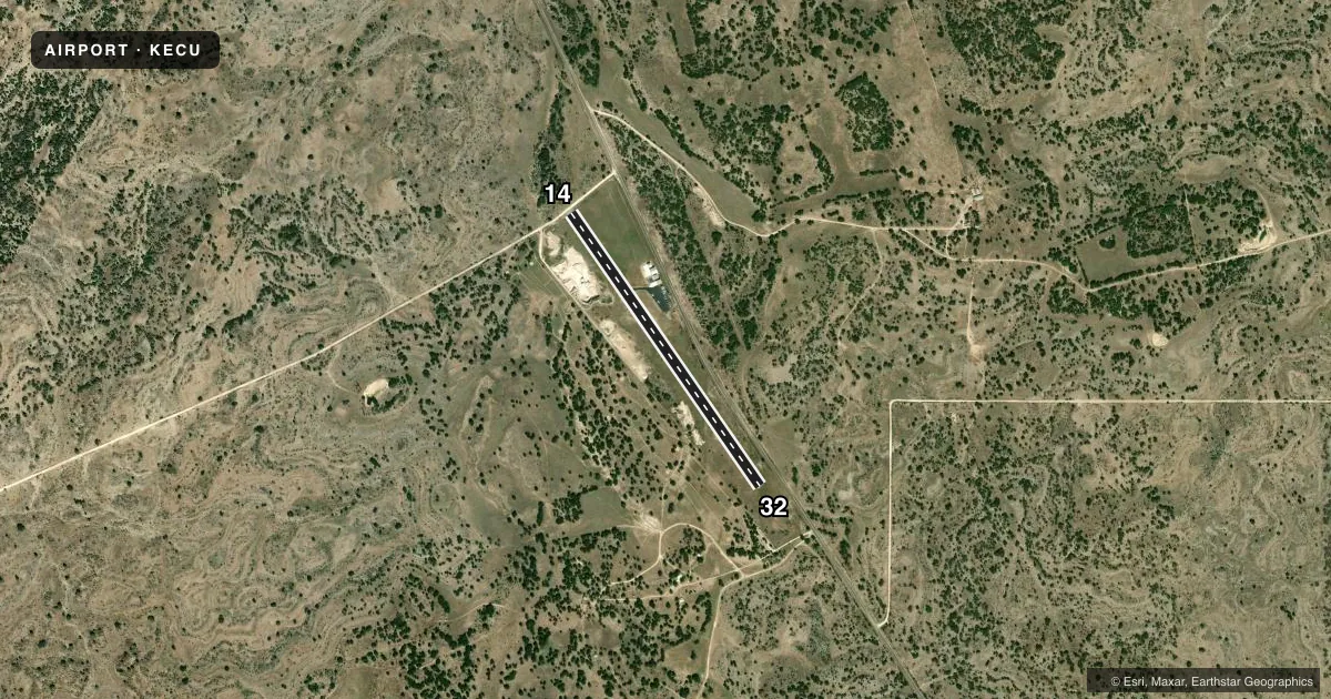 Top-down satellite sketch of KECU EDWARDS COUNTY in ROCKSPRINGS, TEXAS, showing runways 14/32 drawn to scale over Esri World Imagery