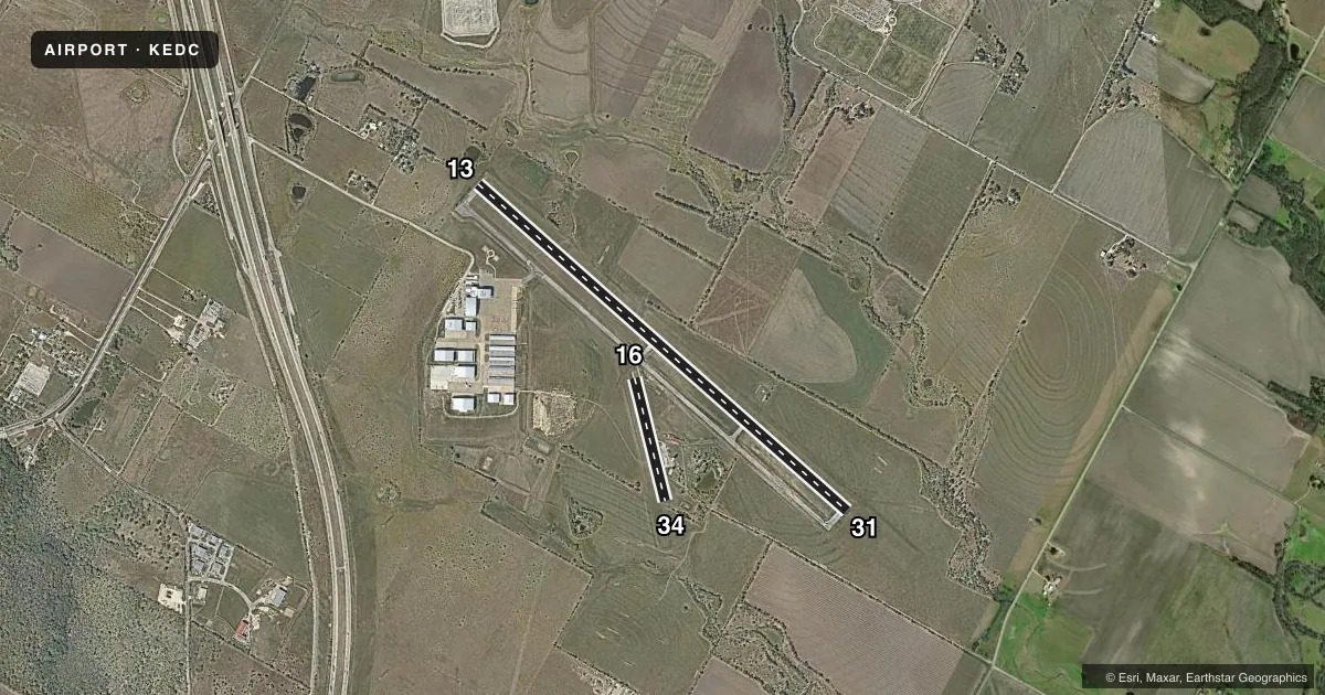 Top-down satellite sketch of KEDC AUSTIN EXEC in AUSTIN, TEXAS, showing runways 13/31, 16/34 drawn to scale over Esri World Imagery