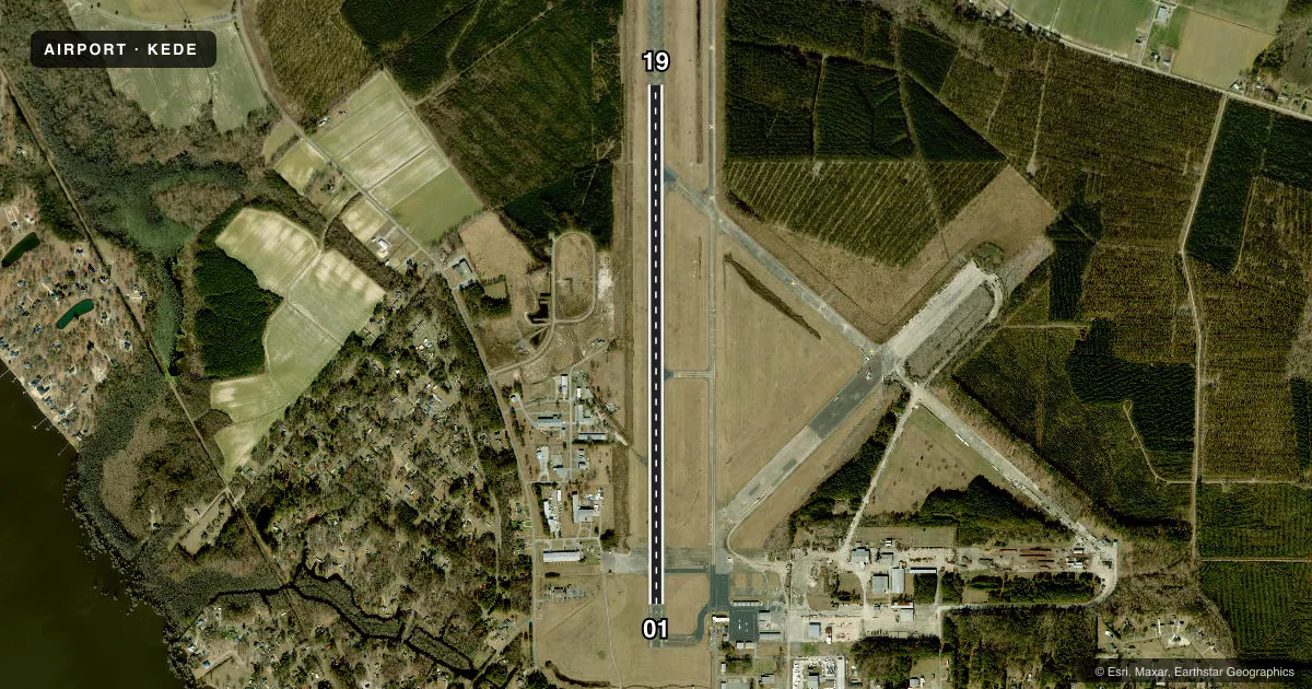Top-down satellite sketch of KEDE NORTHEASTERN RGNL in EDENTON, NORTH CAROLINA, showing runways 01/19 drawn to scale over Esri World Imagery