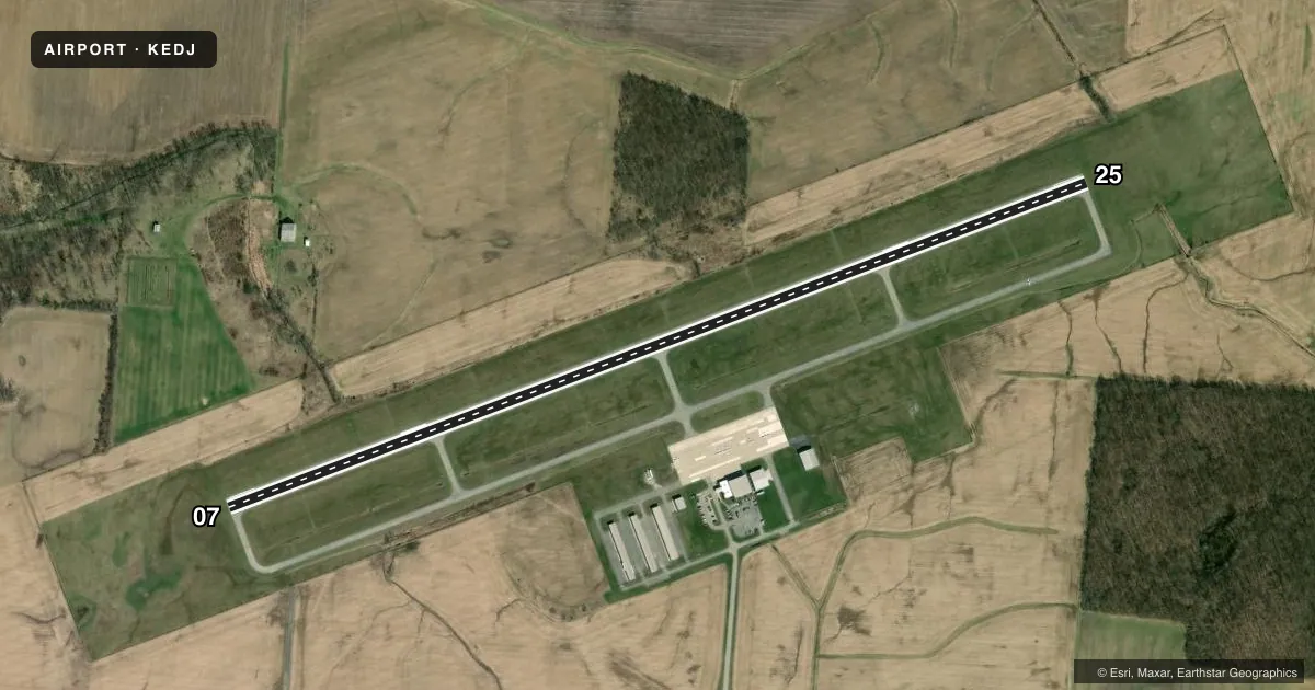 Top-down satellite sketch of KEDJ BELLEFONTAINE RGNL in BELLEFONTAINE, OHIO, showing runways 07/25 drawn to scale over Esri World Imagery