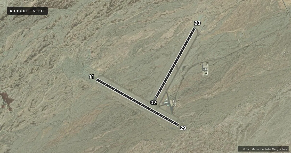 Top-down satellite sketch of KEED NEEDLES in NEEDLES, CALIFORNIA, showing runways 11/29, 02/20 drawn to scale over Esri World Imagery