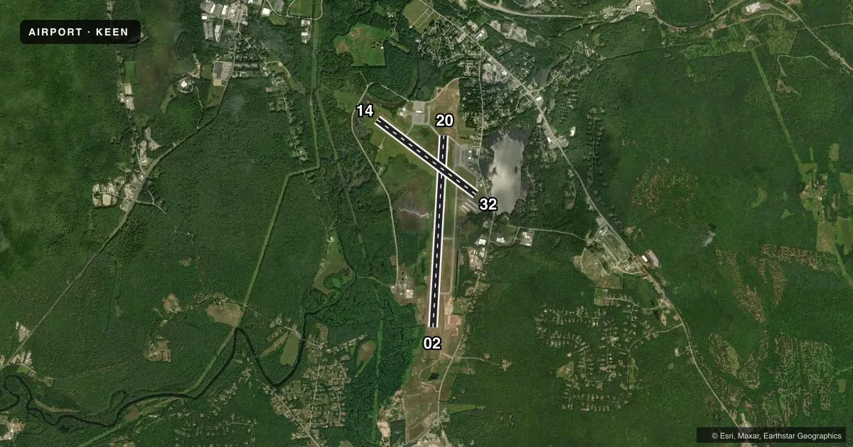 Top-down satellite sketch of KEEN DILLANT/HOPKINS in KEENE, NEW HAMPSHIRE, showing runways 02/20, 14/32 drawn to scale over Esri World Imagery