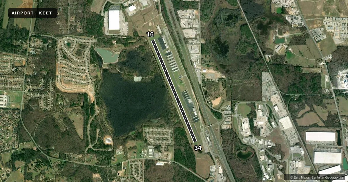 Top-down satellite sketch of KEET SHELBY COUNTY in ALABASTER, ALABAMA, showing runways 16/34 drawn to scale over Esri World Imagery
