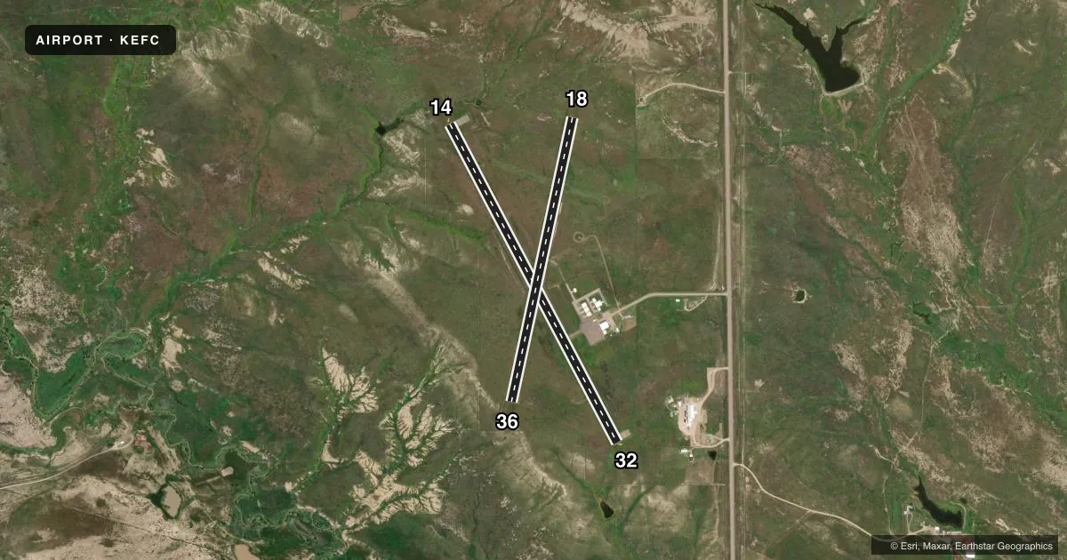 Top-down satellite sketch of KEFC BELLE FOURCHE MUNI in BELLE FOURCHE, SOUTH DAKOTA, showing runways 14/32, 18/36 drawn to scale over Esri World Imagery