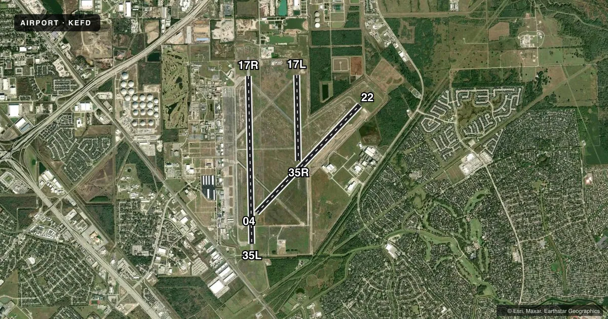 Top-down satellite sketch of KEFD ELLINGTON in HOUSTON, TEXAS, showing runways 17R/35L, 04/22, 17L/35R drawn to scale over Esri World Imagery