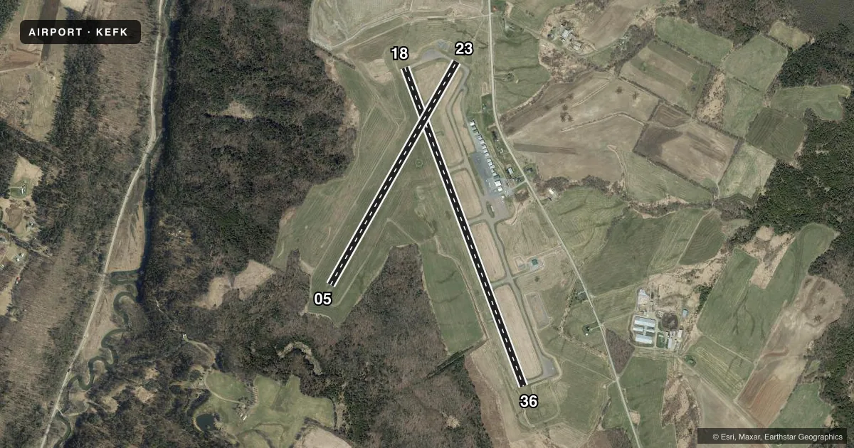 Top-down satellite sketch of KEFK NORTHEAST KINGDOM INTL in NEWPORT, VERMONT, showing runways 18/36, 05/23 drawn to scale over Esri World Imagery