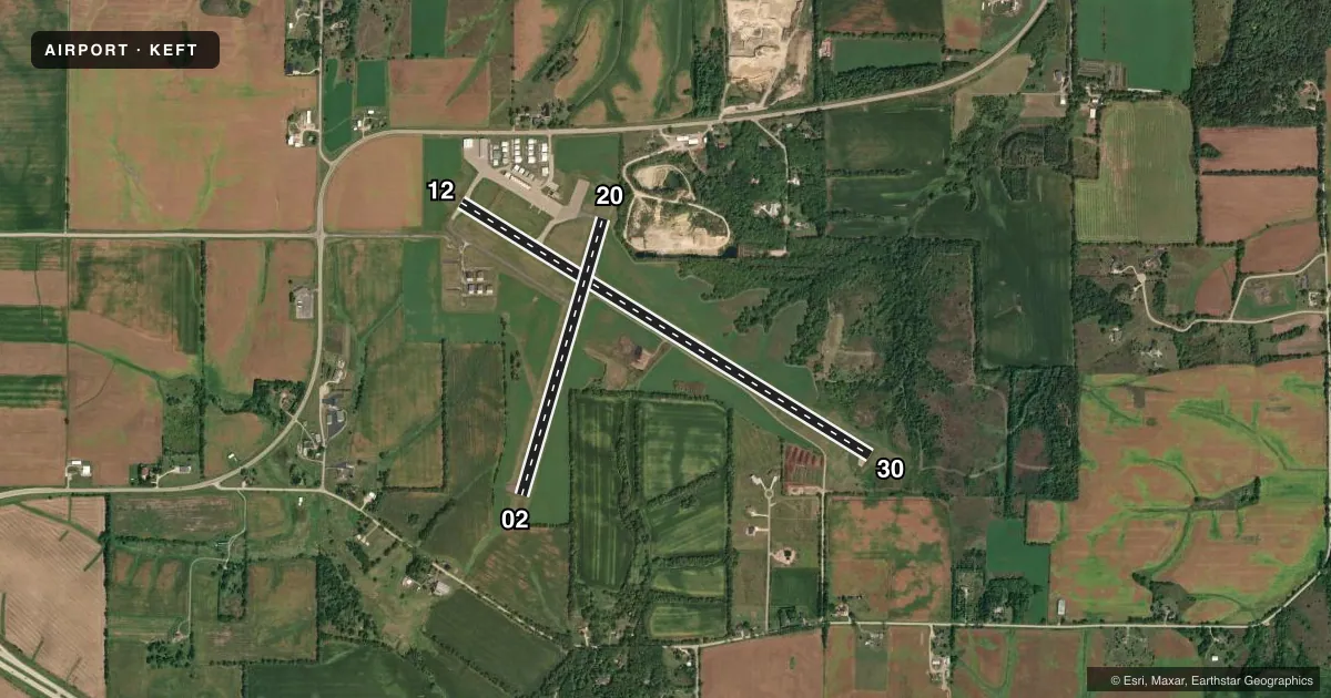 Top-down satellite sketch of KEFT MONROE MUNI in MONROE, WISCONSIN, showing runways 12/30, 02/20 drawn to scale over Esri World Imagery