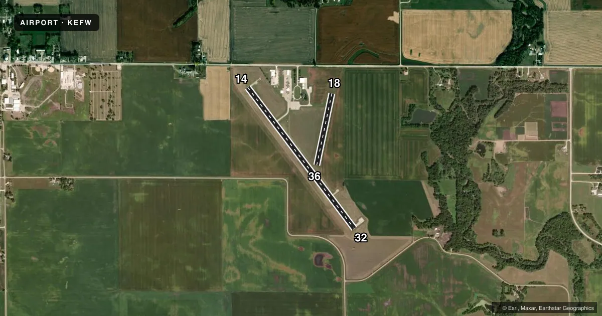 Top-down satellite sketch of KEFW JEFFERSON MUNI in JEFFERSON, IOWA, showing runways 14/32, 18/36 drawn to scale over Esri World Imagery