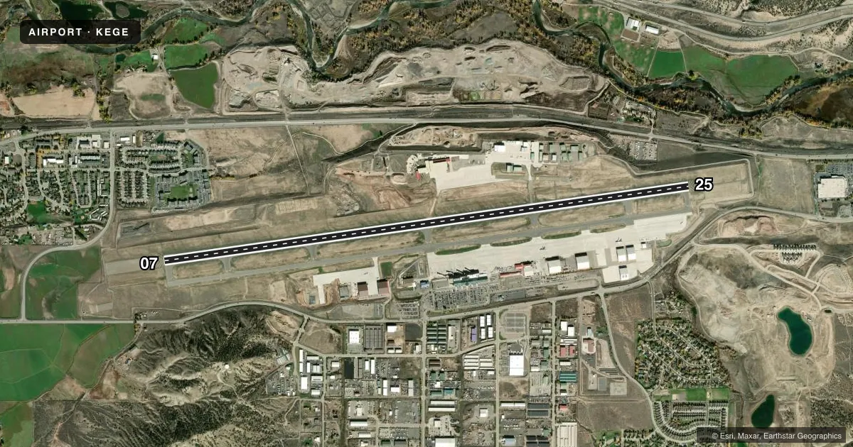 Top-down satellite sketch of KEGE EAGLE COUNTY RGNL in EAGLE, COLORADO, showing runways 07/25 drawn to scale over Esri World Imagery