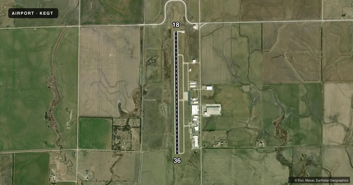 Top-down satellite sketch of KEGT WELLINGTON MUNI in WELLINGTON, KANSAS, showing runways 18/36 drawn to scale over Esri World Imagery