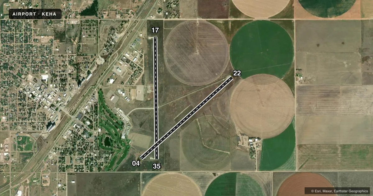 Top-down satellite sketch of KEHA ELKHART-MORTON COUNTY in ELKHART, KANSAS, showing runways 17/35, 04/22 drawn to scale over Esri World Imagery