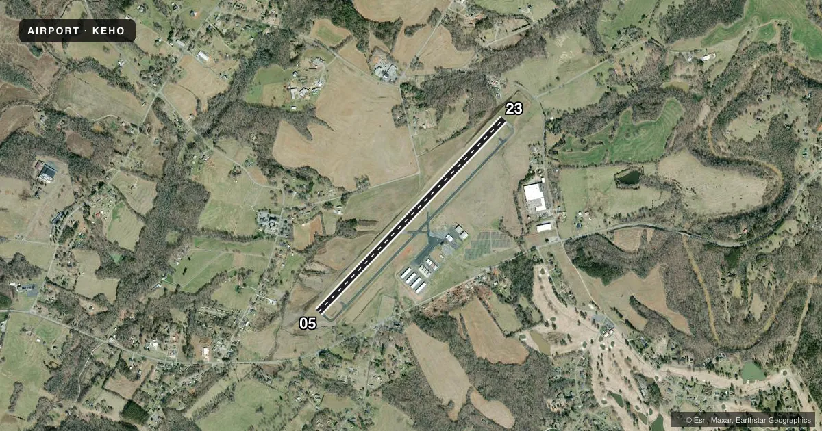 Top-down satellite sketch of KEHO SHELBY-CLEVELAND COUNTY RGNL in SHELBY, NORTH CAROLINA, showing runways 05/23 drawn to scale over Esri World Imagery