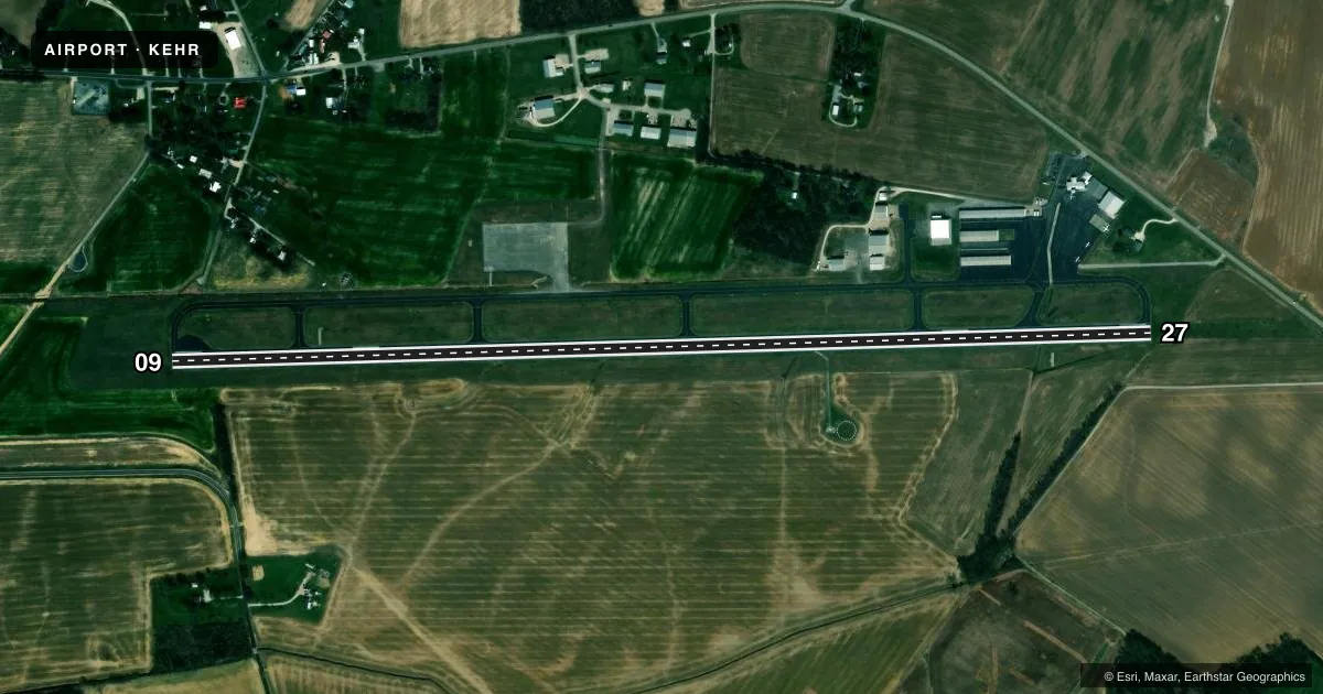 Top-down satellite sketch of KEHR HENDERSON CITY-COUNTY in HENDERSON, KENTUCKY, showing runways 09/27 drawn to scale over Esri World Imagery