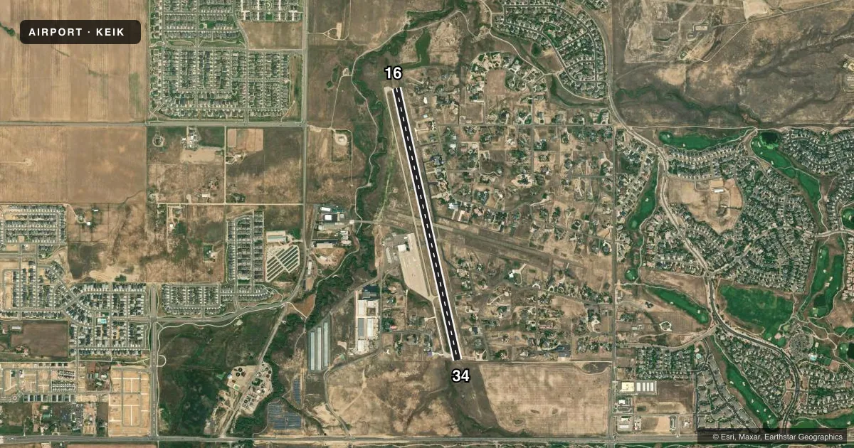 Top-down satellite sketch of KEIK ERIE MUNI in ERIE, COLORADO, showing runways 16/34 drawn to scale over Esri World Imagery