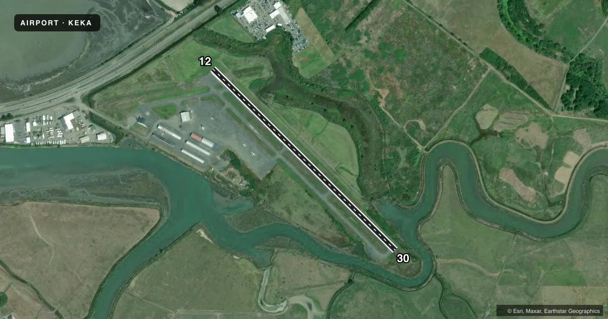 Top-down satellite sketch of KEKA MURRAY FLD in EUREKA, CALIFORNIA, showing runways 12/30 drawn to scale over Esri World Imagery