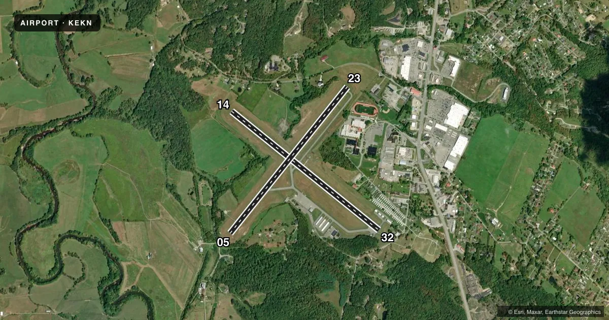 Top-down satellite sketch of KEKN ELKINS/RANDOLPH COUNTY (JENNINGS RANDOLPH FLD) in ELKINS, WEST VIRGINIA, showing runways 14/32, 05/23 drawn to scale over Esri World Imagery