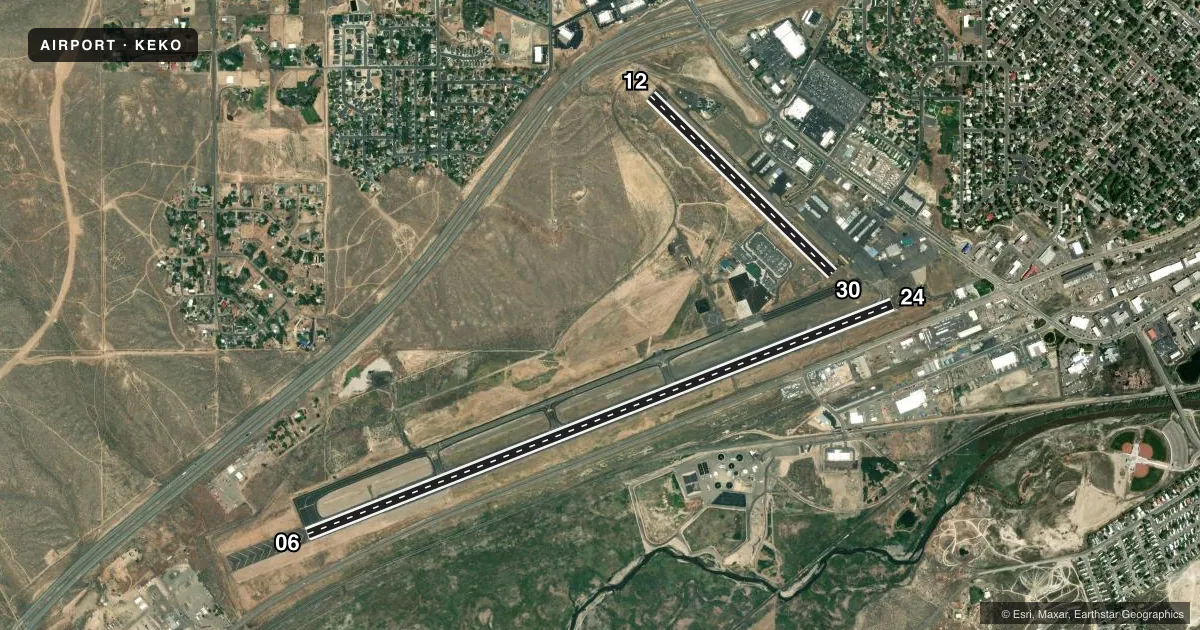 Top-down satellite sketch of KEKO ELKO RGNL in ELKO, NEVADA, showing runways 06/24, 12/30 drawn to scale over Esri World Imagery
