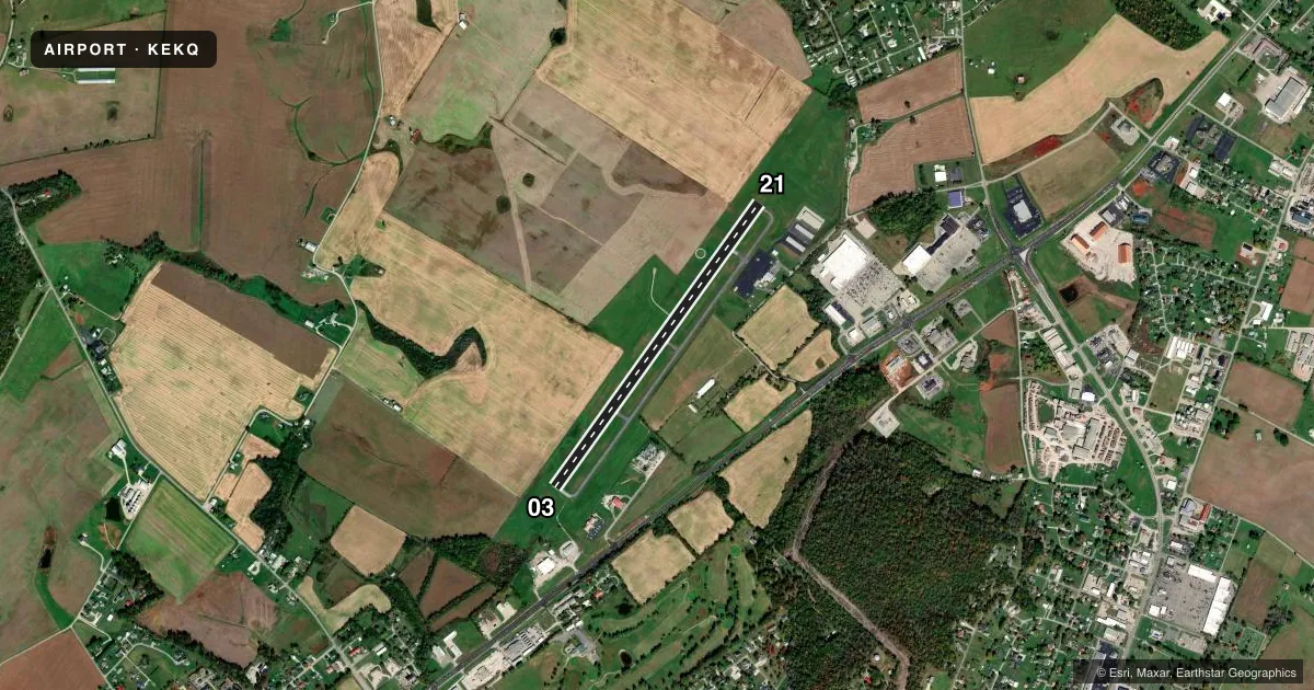 Top-down satellite sketch of KEKQ WAYNE COUNTY in MONTICELLO, KENTUCKY, showing runways 03/21 drawn to scale over Esri World Imagery