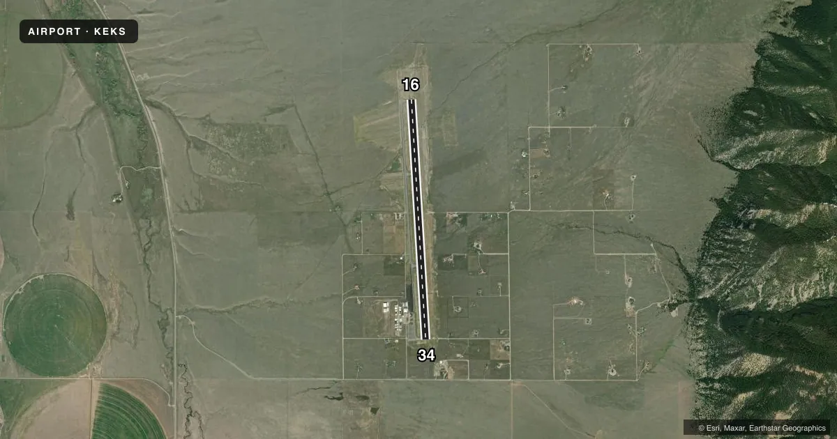 Top-down satellite sketch of KEKS ENNIS BIG SKY in ENNIS, MONTANA, showing runways 16/34 drawn to scale over Esri World Imagery