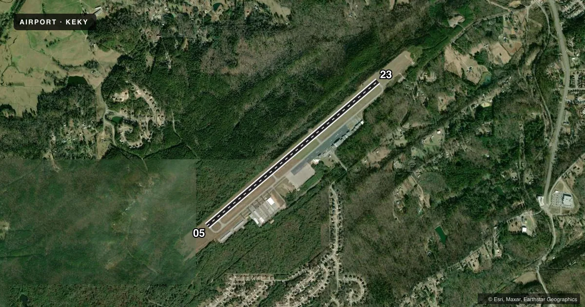 Top-down satellite sketch of KEKY BESSEMER NTL in BESSEMER, ALABAMA, showing runways 05/23 drawn to scale over Esri World Imagery
