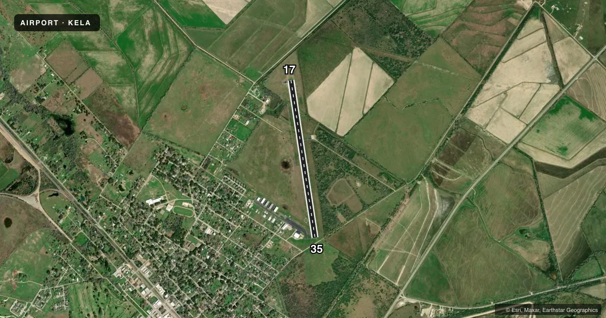 Top-down satellite sketch of KELA EAGLE LAKE in EAGLE LAKE, TEXAS, showing runways 17/35 drawn to scale over Esri World Imagery