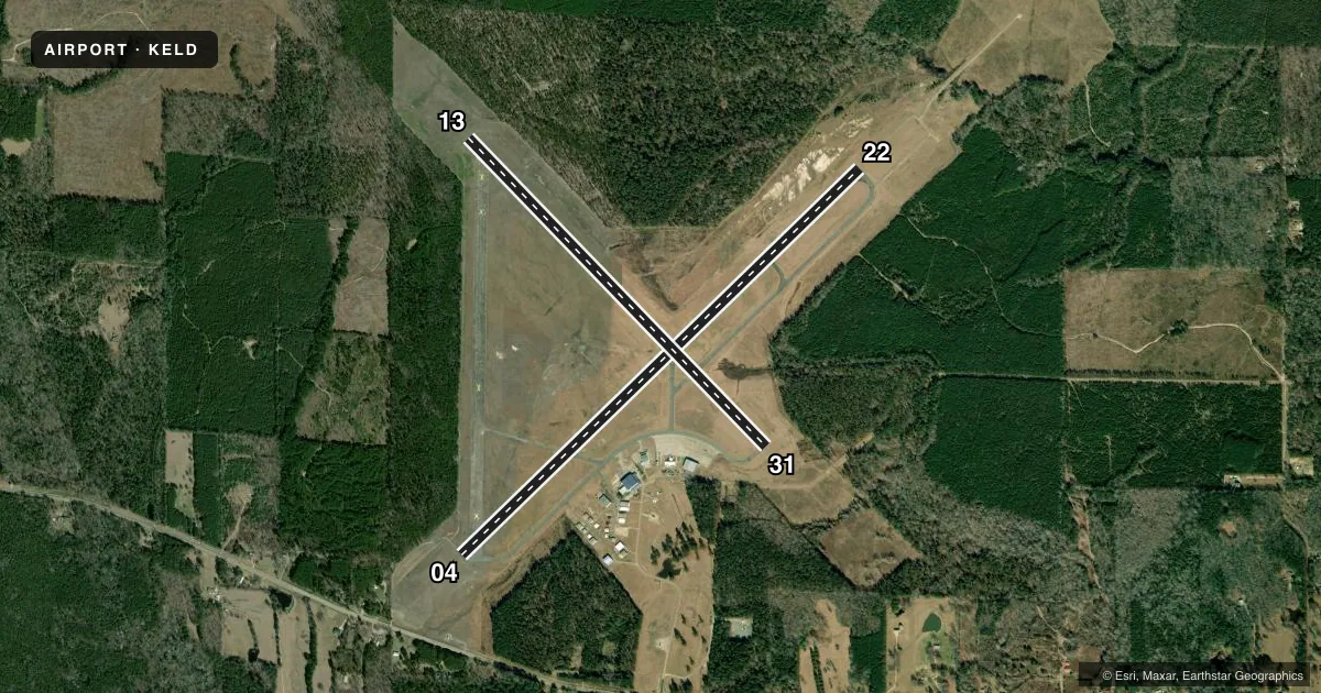 Top-down satellite sketch of KELD SOUTH ARKANSAS RGNL AT GOODWIN FLD in EL DORADO, ARKANSAS, showing runways 04/22, 13/31 drawn to scale over Esri World Imagery