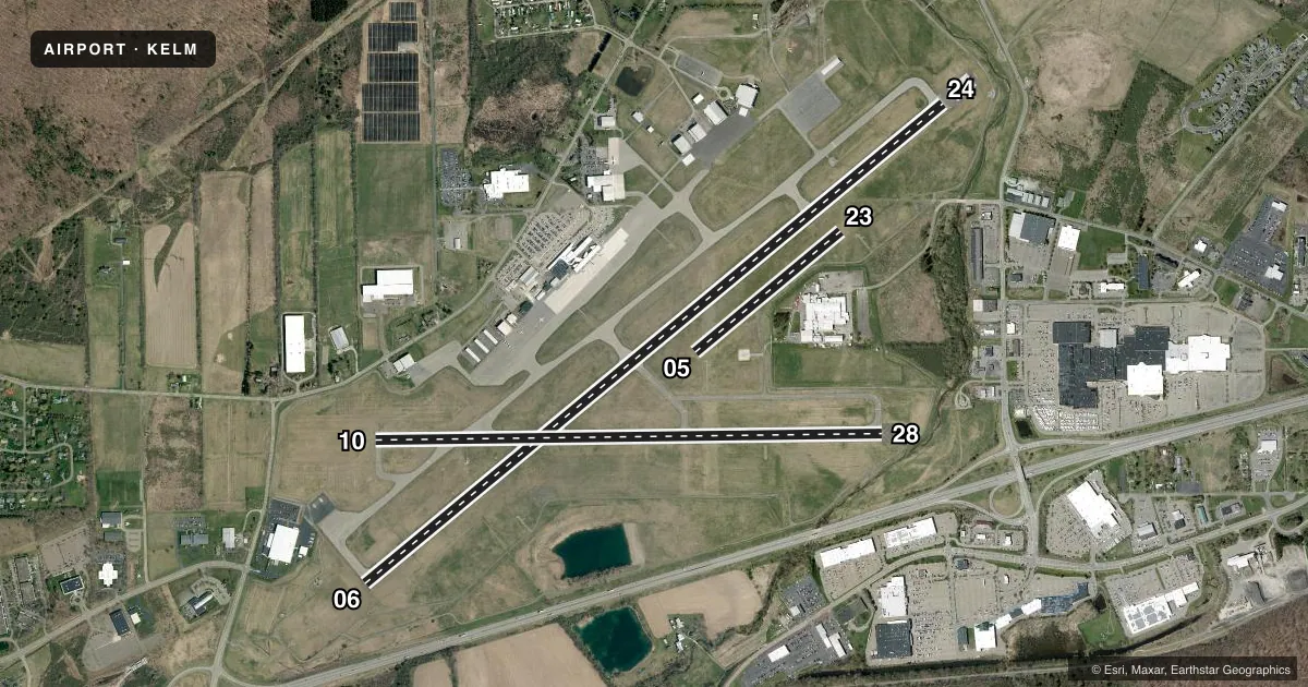 Top-down satellite sketch of KELM ELMIRA/CORNING RGNL in ELMIRA/CORNING, NEW YORK, showing runways 06/24, 10/28, 05/23 drawn to scale over Esri World Imagery