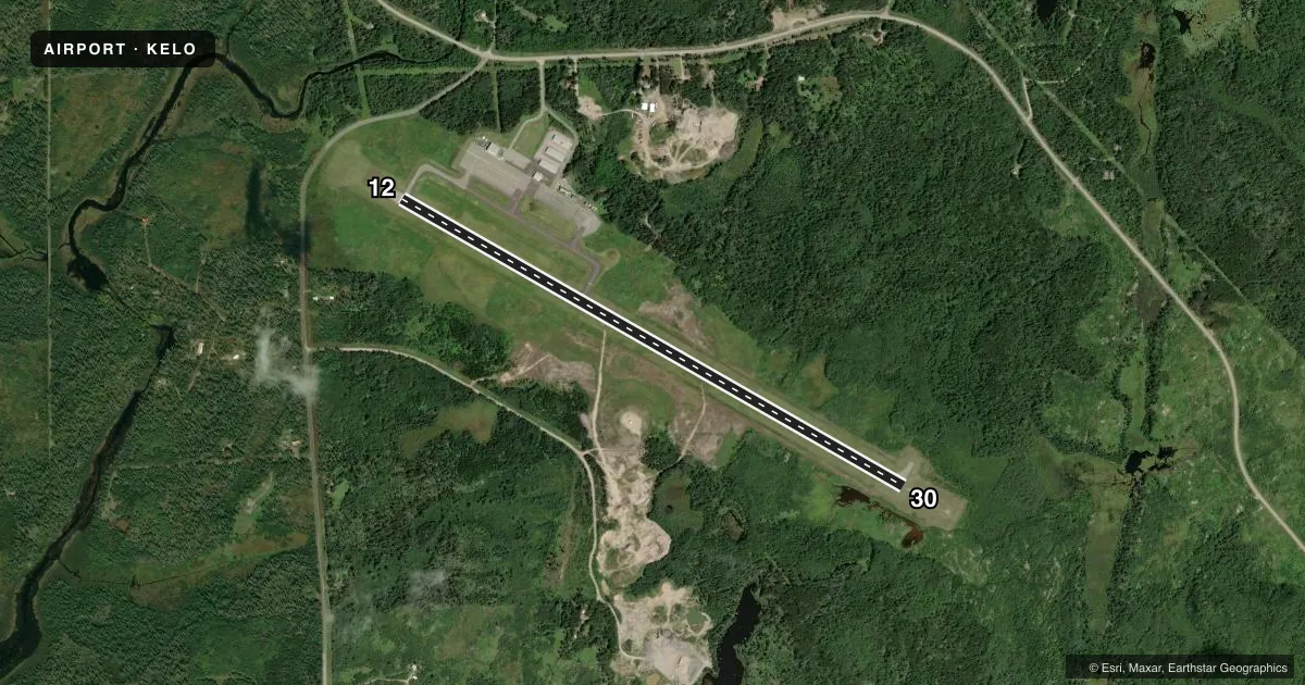 Top-down satellite sketch of KELO ELY MUNI in ELY, MINNESOTA, showing runways 12/30 drawn to scale over Esri World Imagery