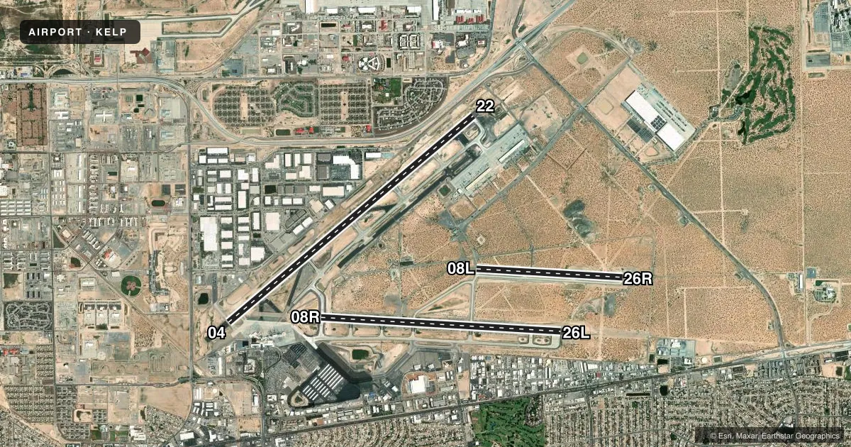 Top-down satellite sketch of KELP EL PASO INTL in EL PASO, TEXAS, showing runways 04/22, 08R/26L, 08L/26R drawn to scale over Esri World Imagery