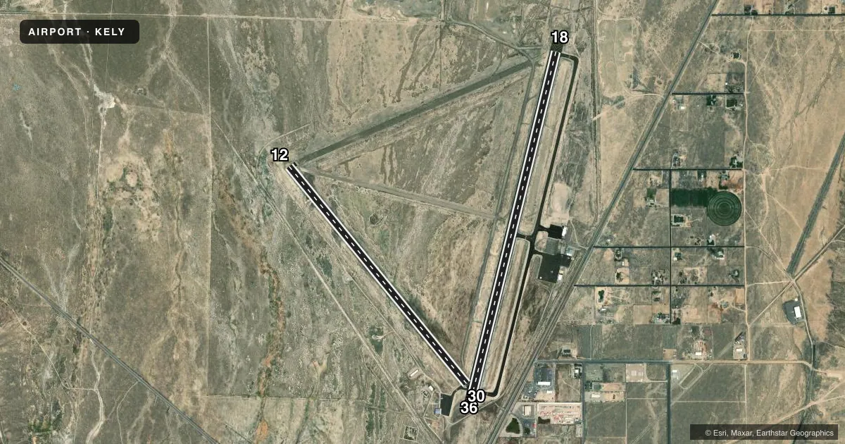 Top-down satellite sketch of KELY ELY/YELLAND FLD in ELY, NEVADA, showing runways 18/36, 12/30 drawn to scale over Esri World Imagery