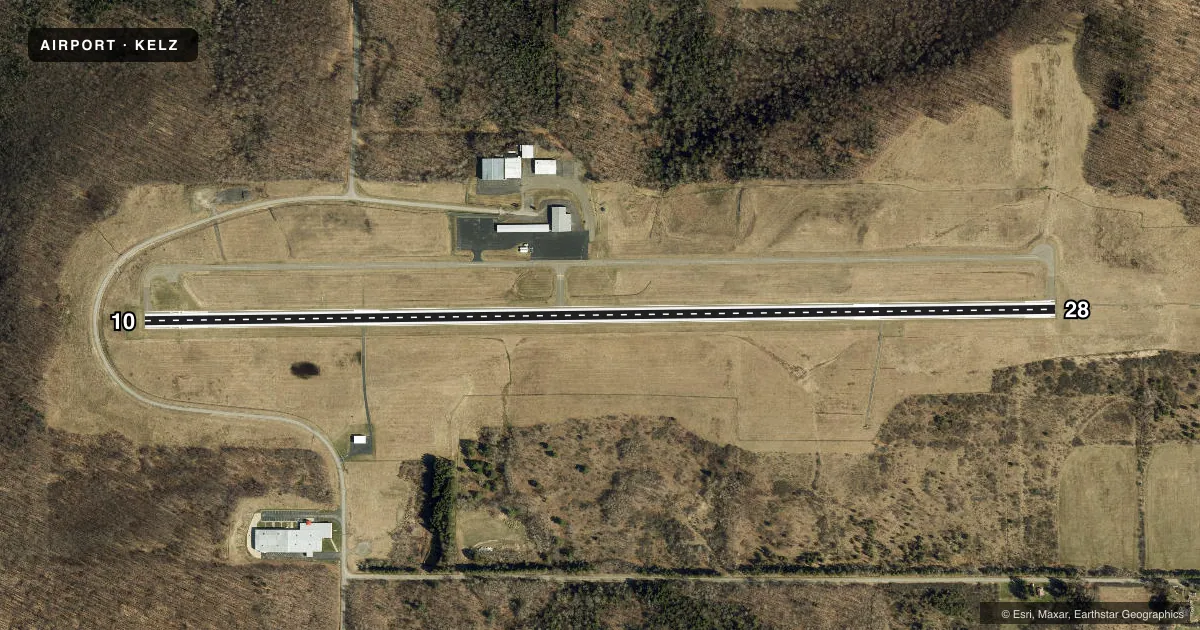 Top-down satellite sketch of KELZ WELLSVILLE MUNI/TARANTINE FLD in WELLSVILLE, NEW YORK, showing runways 10/28 drawn to scale over Esri World Imagery