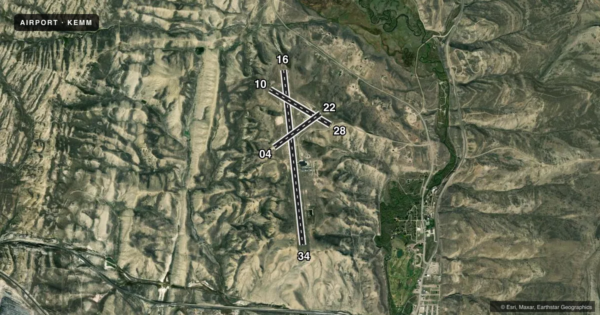 Top-down satellite sketch of KEMM KEMMERER MUNI in KEMMERER, WYOMING, showing runways 16/34, 10/28, 04/22 drawn to scale over Esri World Imagery