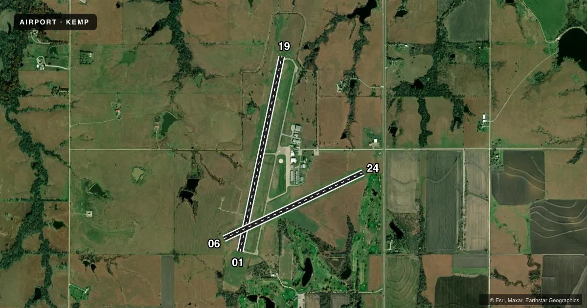 Top-down satellite sketch of KEMP EMPORIA MUNI in EMPORIA, KANSAS, showing runways 01/19, 06/24 drawn to scale over Esri World Imagery