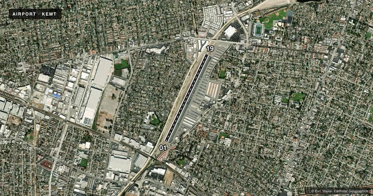 Top-down satellite sketch of KEMT SAN GABRIEL VALLEY in EL MONTE, CALIFORNIA, showing runways 01/19 drawn to scale over Esri World Imagery
