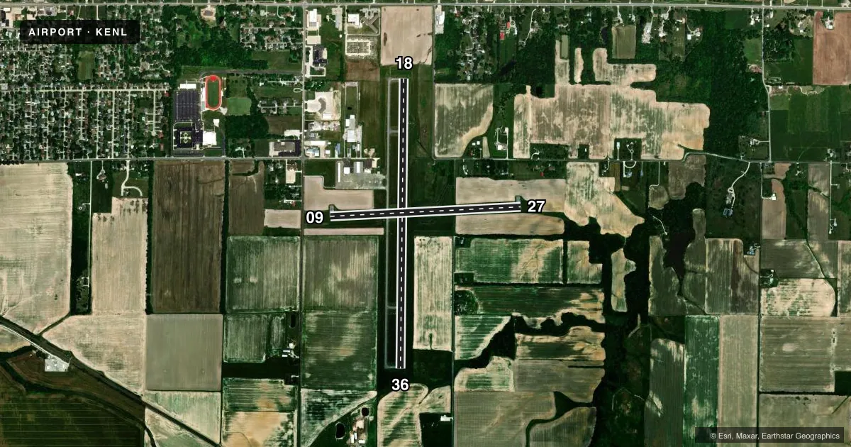 Top-down satellite sketch of KENL CENTRALIA MUNI in CENTRALIA, ILLINOIS, showing runways 18/36, 09/27 drawn to scale over Esri World Imagery