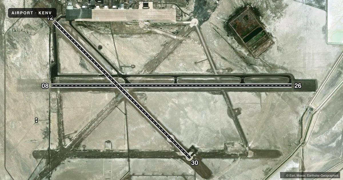 Top-down satellite sketch of KENV WENDOVER in WENDOVER, UTAH, showing runways 08/26, 12/30 drawn to scale over Esri World Imagery