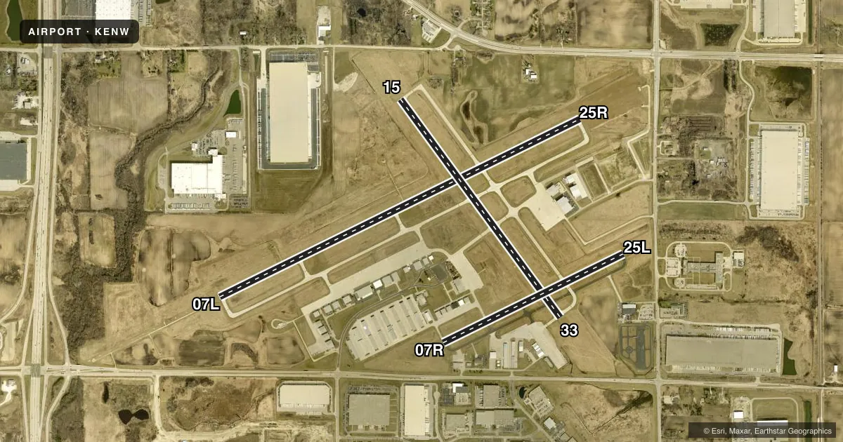 Top-down satellite sketch of KENW KENOSHA RGNL in KENOSHA, WISCONSIN, showing runways 07L/25R, 15/33, 07R/25L drawn to scale over Esri World Imagery