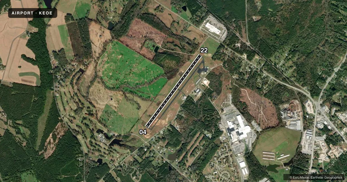 Top-down satellite sketch of KEOE NEWBERRY COUNTY in NEWBERRY, SOUTH CAROLINA, showing runways 04/22 drawn to scale over Esri World Imagery