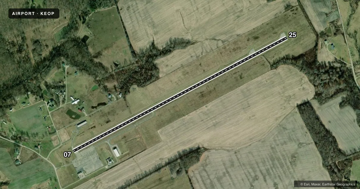 Top-down satellite sketch of KEOP PIKE COUNTY in WAVERLY, OHIO, showing runways 07/25 drawn to scale over Esri World Imagery
